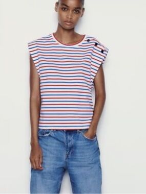 Zara Muscle tee red white and blue striped boxy fit